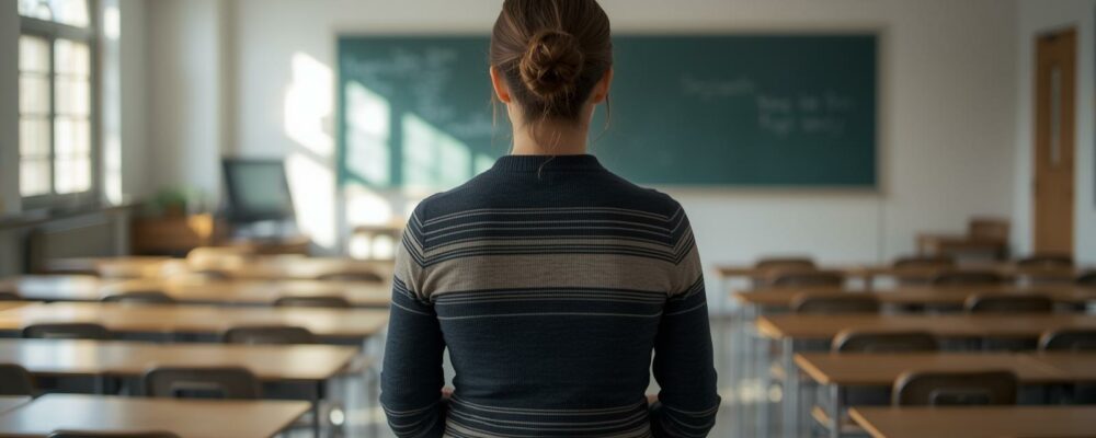 Lehrerin steht mit Rücken vor leerer Klasse